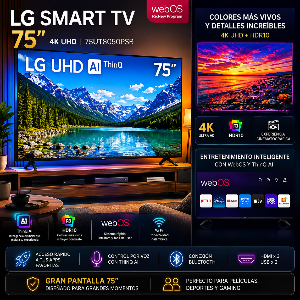 Smart TV LG 75” 4K UHD 75UT8050PSB | WebOS AI ThinQ HDR10