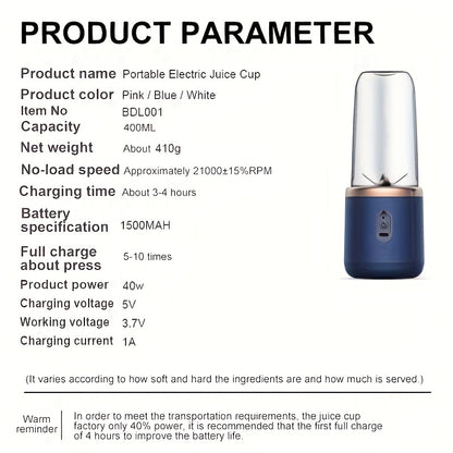 🥤 Licuadora Portátil 2 en 1 Recargable – Vaso Compacto de Grado Alimenticio con 6 Cuchillas de Acero Inoxidable y Carga USB
