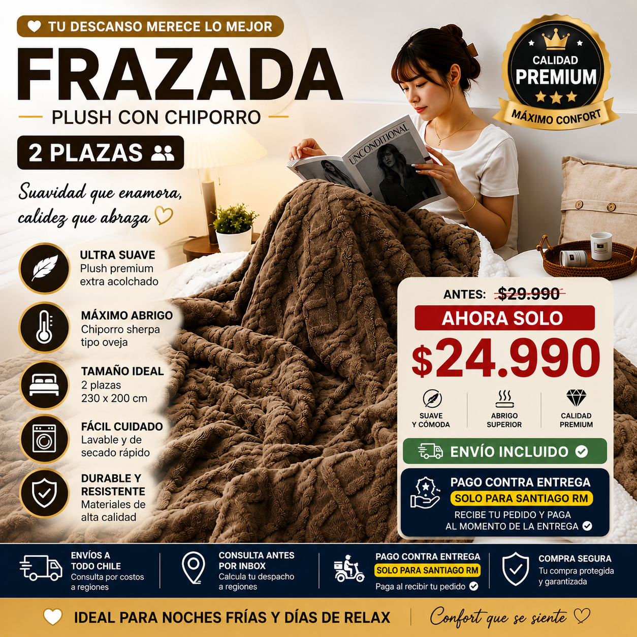 Frazada Plush con Chiporro 2 Plazas | Máxima Suavidad y Calidez Premium