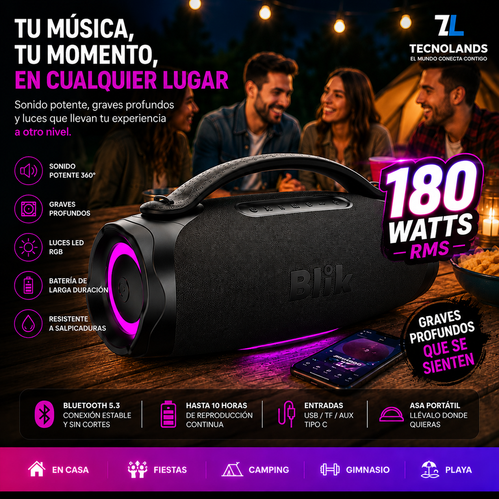 Parlante Bluetooth Portátil Blik Powerboost – 180W | 9 Hrs