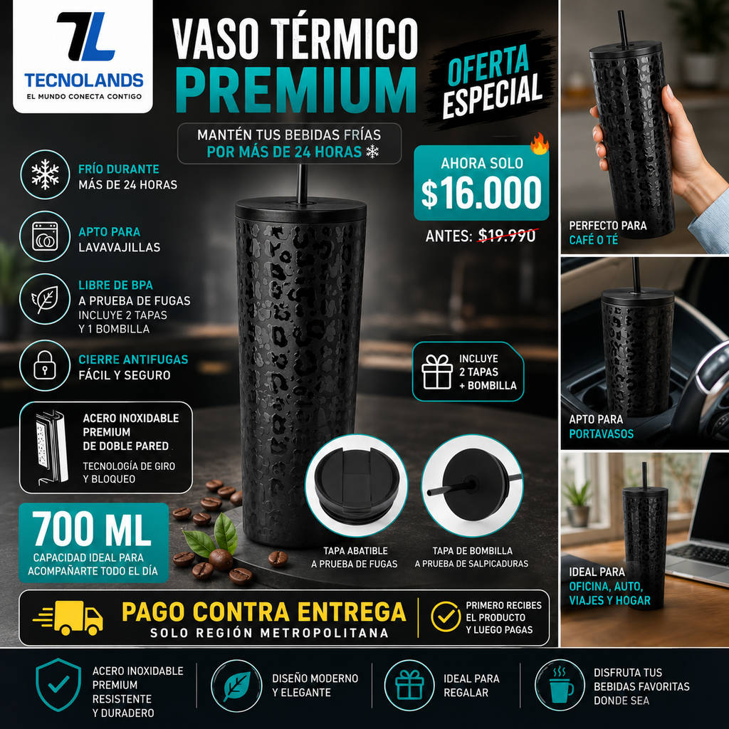 Vaso Térmico Premium 700ml Acero Inoxidable | Frío 24H y Calor 12H