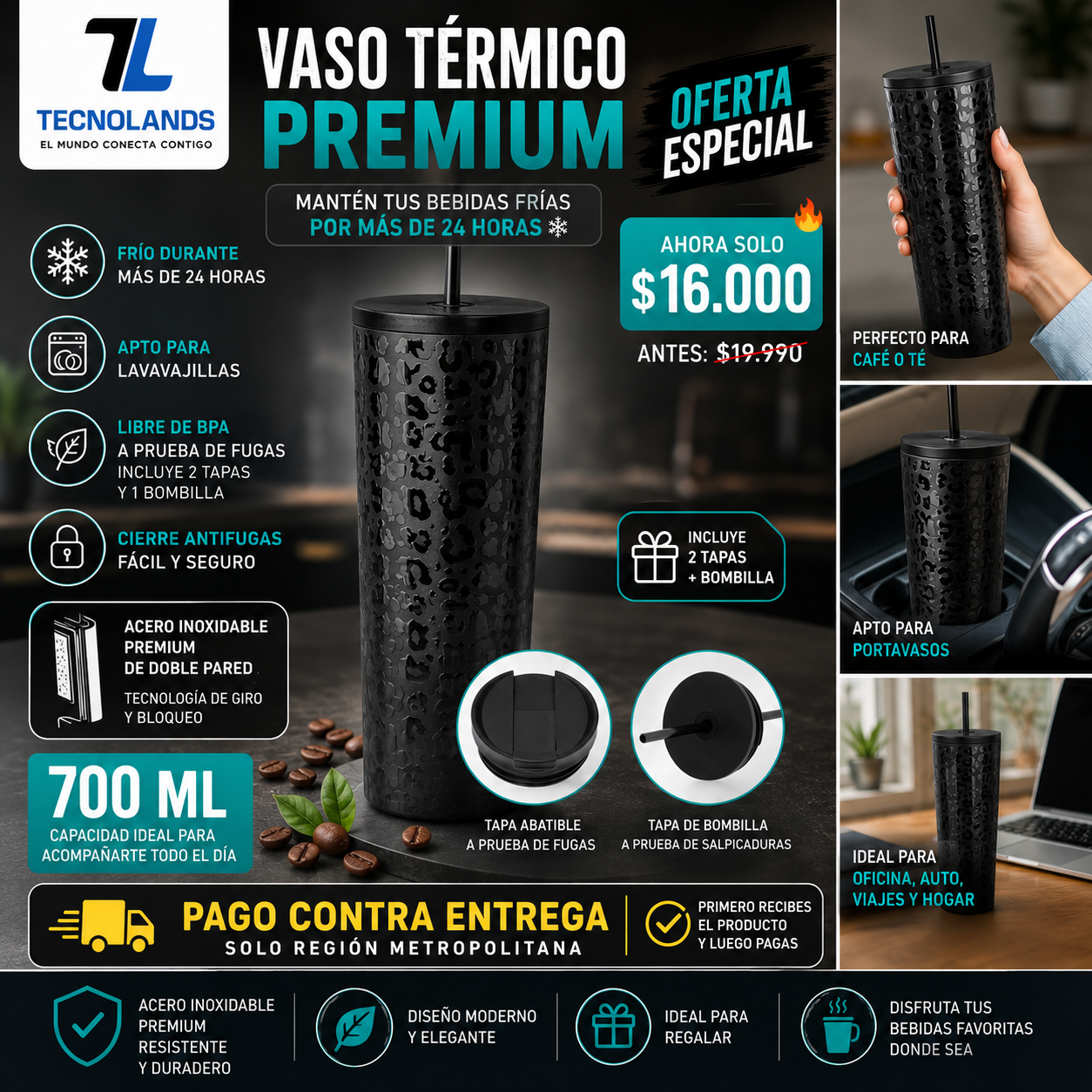 Vaso Térmico Premium 700ml Acero Inoxidable | Frío 24H y Calor 12H