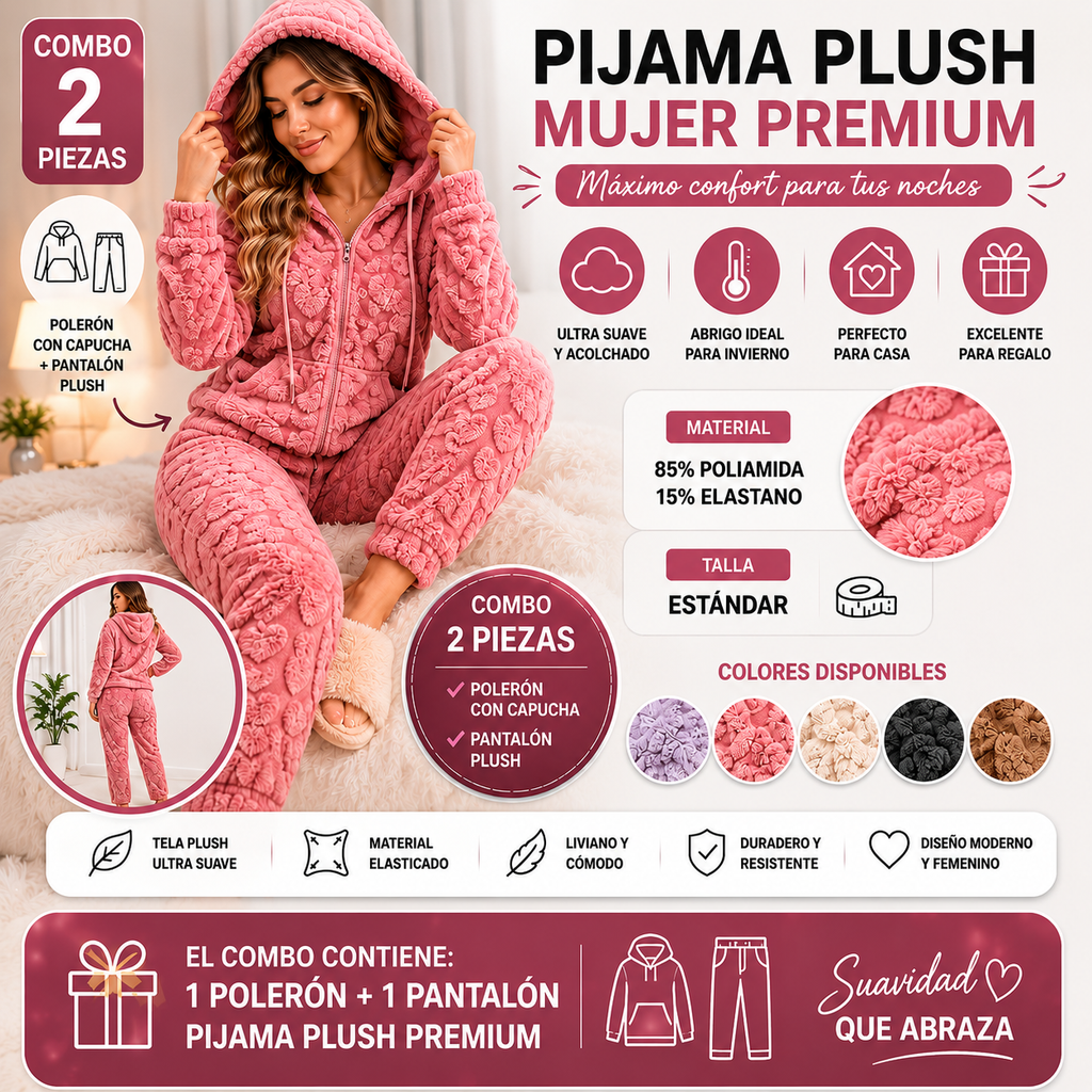Pijama Plush Mujer Premium 2 Piezas con Capucha y Bolsillo | Colores Surtidos