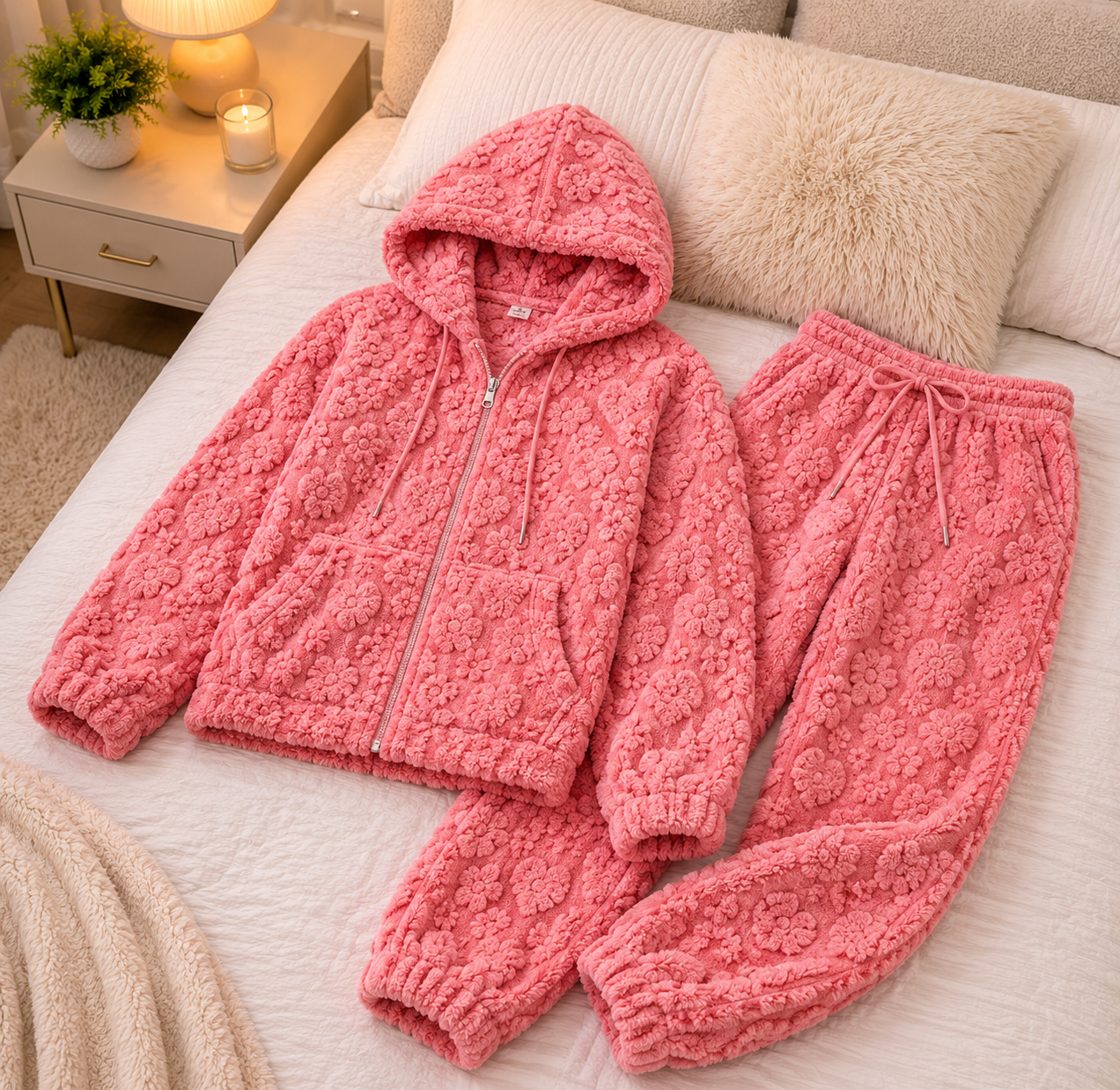 Pijama Plush Mujer Premium 2 Piezas con Capucha y Bolsillo | Colores Surtidos