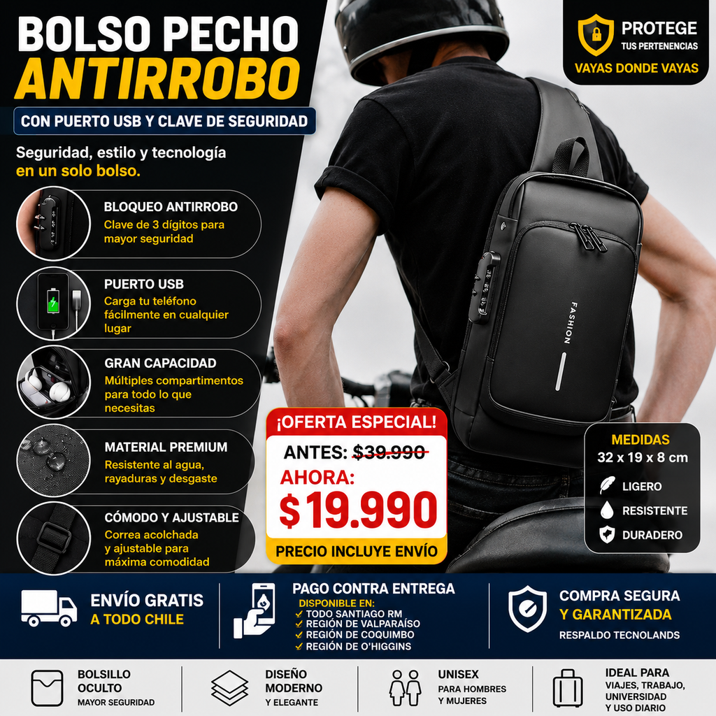 Bolso Pecho Antirrobo Premium con Puerto USB y Clave de Seguridad | Tecnolands