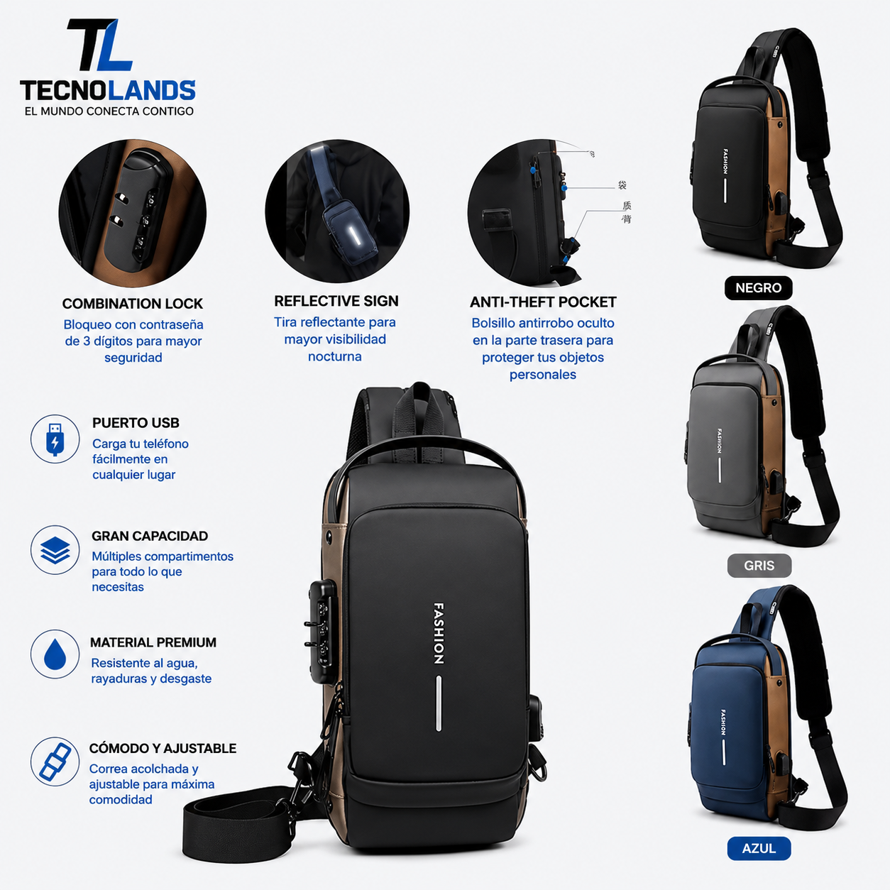 Bolso Pecho Antirrobo Premium con Puerto USB y Clave de Seguridad | Tecnolands