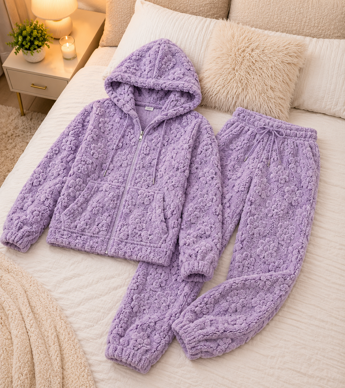 Pijama Plush Mujer Premium 2 Piezas con Capucha y Bolsillo | Colores Surtidos