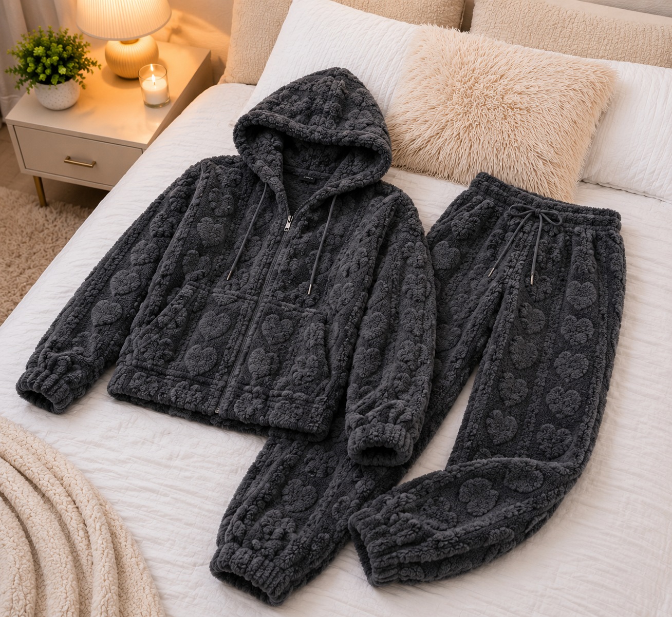 Pijama Plush Mujer Premium 2 Piezas con Capucha y Bolsillo | Colores Surtidos