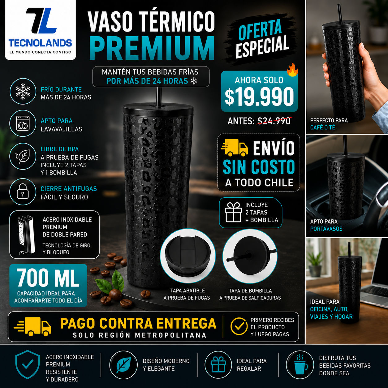 Vaso Térmico Premium 700ml Acero Inoxidable | Frío 24H y Calor 12H