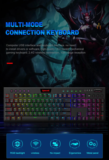 REDRAGON Horus K618 RGB | Teclado Mecánico Gamer Inalámbrico 3 en 1 (Bluetooth 5.0 / USB 2.4 G / Cable USB-C)
