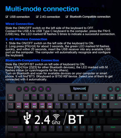 REDRAGON Horus K618 RGB | Teclado Mecánico Gamer Inalámbrico 3 en 1 (Bluetooth 5.0 / USB 2.4 G / Cable USB-C)