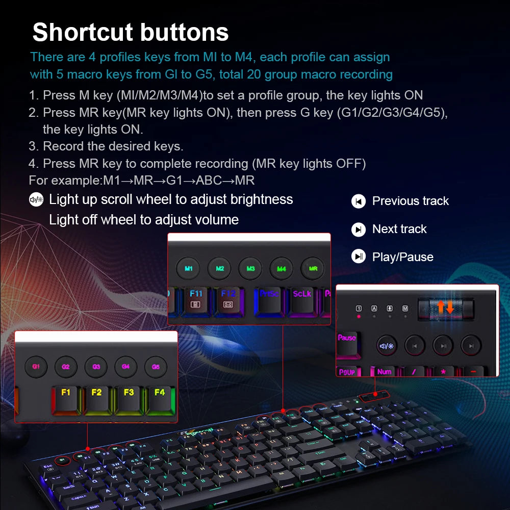 REDRAGON Horus K618 RGB | Teclado Mecánico Gamer Inalámbrico 3 en 1 (Bluetooth 5.0 / USB 2.4 G / Cable USB-C)