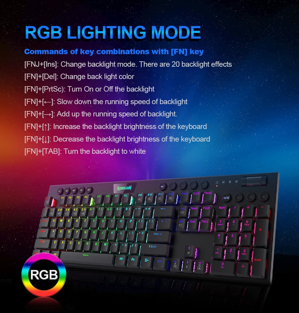 REDRAGON Horus K618 RGB | Teclado Mecánico Gamer Inalámbrico 3 en 1 (Bluetooth 5.0 / USB 2.4 G / Cable USB-C)