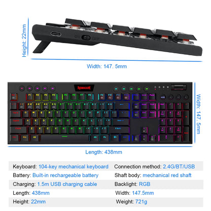 REDRAGON Horus K618 RGB | Teclado Mecánico Gamer Inalámbrico 3 en 1 (Bluetooth 5.0 / USB 2.4 G / Cable USB-C)