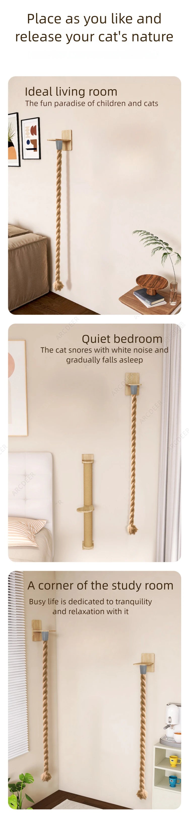 Torre de Escalada de Pared para Gatos – Árbol de Cuerda de Sisal Montado en la Pared