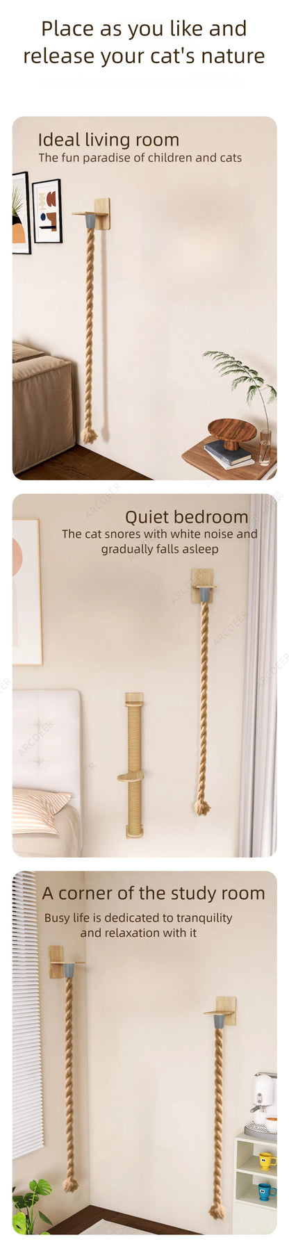 Torre de Escalada de Pared para Gatos – Árbol de Cuerda de Sisal Montado en la Pared