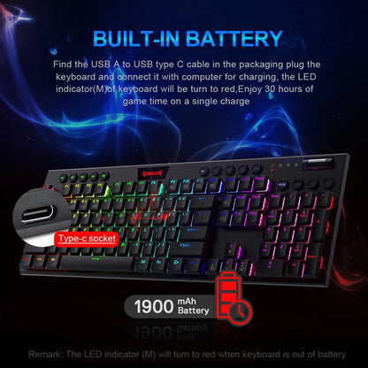 REDRAGON Horus K618 RGB | Teclado Mecánico Gamer Inalámbrico 3 en 1 (Bluetooth 5.0 / USB 2.4 G / Cable USB-C)