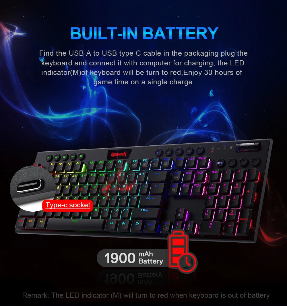 REDRAGON Horus K618 RGB | Teclado Mecánico Gamer Inalámbrico 3 en 1 (Bluetooth 5.0 / USB 2.4 G / Cable USB-C)