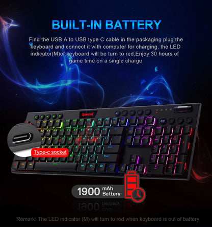 REDRAGON Horus K618 RGB | Teclado Mecánico Gamer Inalámbrico 3 en 1 (Bluetooth 5.0 / USB 2.4 G / Cable USB-C)